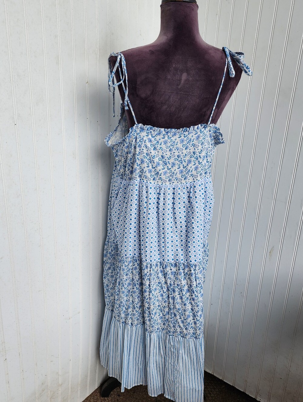 J. Crew Blue White Mixed Print Tiered Cotton Maxi Dress Paisley Striped Tie XL - Picture 8 of 15